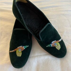 Made in England dark green velvet loafers with leather soles!